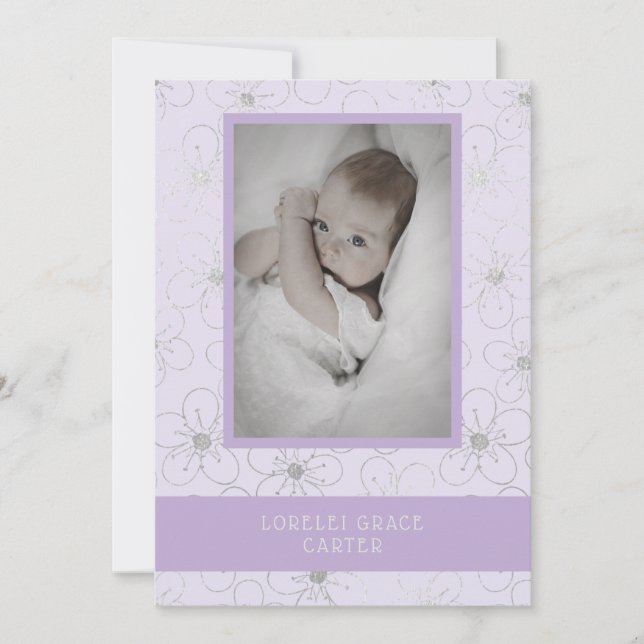 Tarjeta Pequeña Purple Wildflowers Silver Photo Naming Ceremony (Anverso)
