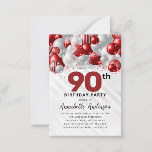 Tarjeta Pequeña Purpurina 90 cumpleaños del globo Red Silver presu
