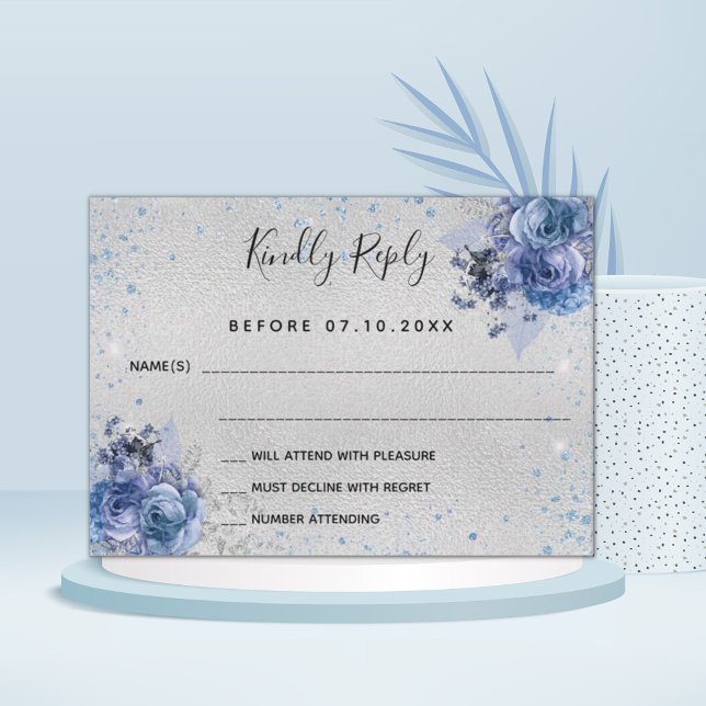 Tarjeta Pequeña Purpurina azul claro plateado boda floral RSVP (Subido por el creador)