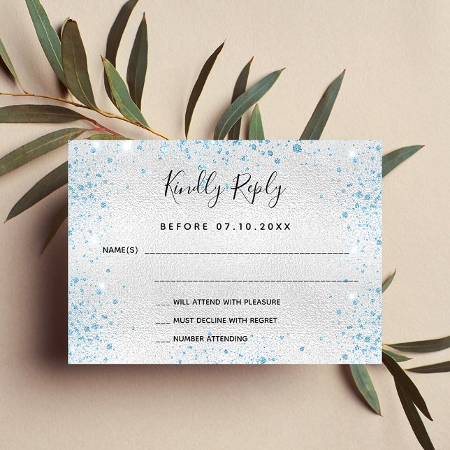Tarjeta Pequeña Purpurina azul claro plateado elegante boda RSVP (Subido por el creador)