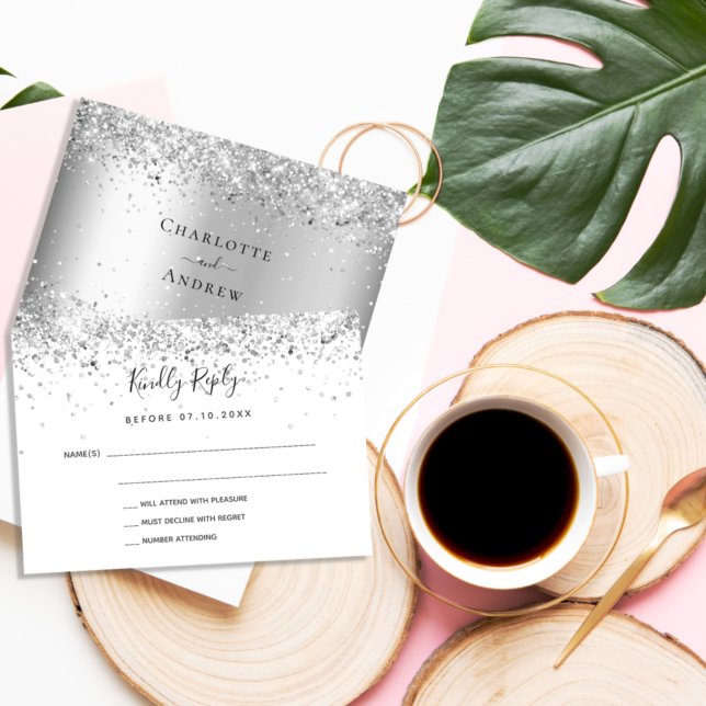 Tarjeta Pequeña Purpurina blanco plateado elegante boda RSVP (Subido por el creador)