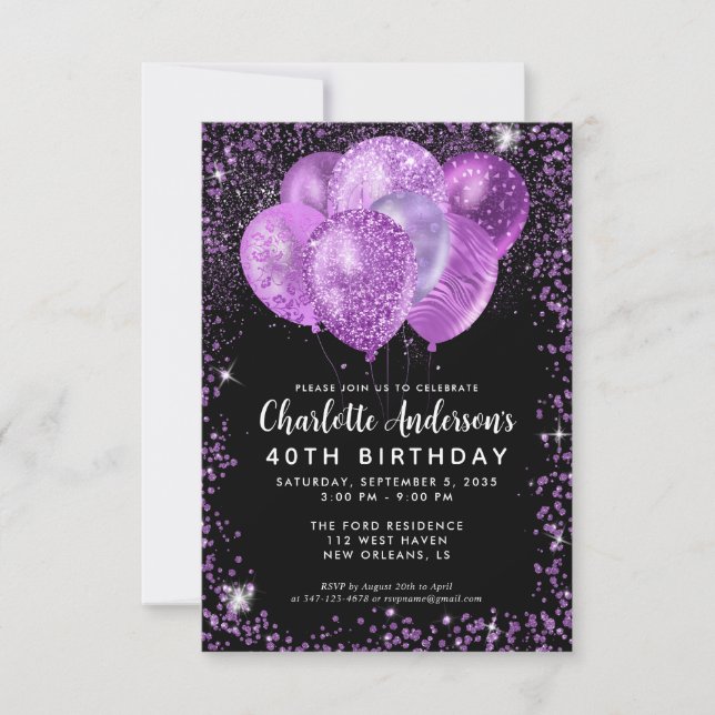 Tarjeta Pequeña Purpurina de globo Black Purple Glam con presupues (Anverso)