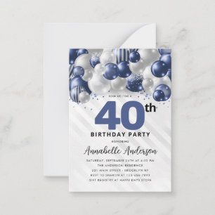 Tarjeta Pequeña Purpurina de globo Blue Silver 40 cumpleaños