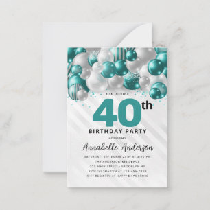 Tarjeta Pequeña Purpurina de globo de plata Verde azulado 40 cumpl