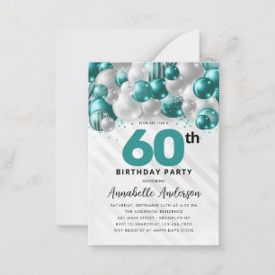 Tarjeta Pequeña Purpurina de globo de plata Verde azulado 60 cumpl