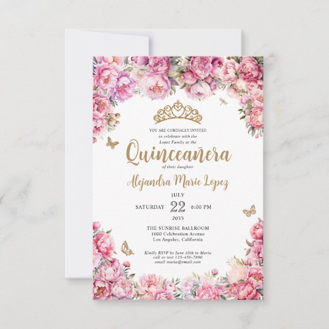 Tarjeta Pequeña Purpurina de oro rosa floral presupuestal Tiara Qu (Anverso)