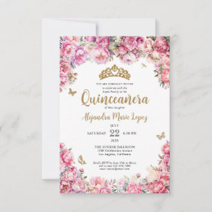 Tarjeta Pequeña Purpurina de oro rosa floral presupuestal Tiara Qu