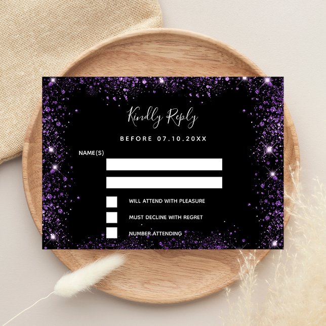 Tarjeta Pequeña Purpurina negro elegante boda RSVP (Subido por el creador)