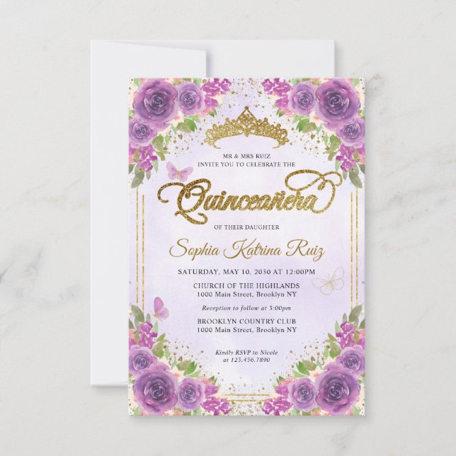 Tarjeta Pequeña Purpurina Quinceañera de oro Floral Purple Glam (Anverso)
