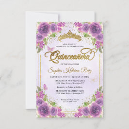 Tarjeta Pequeña Purpurina Quinceañera de oro Floral Purple Glam