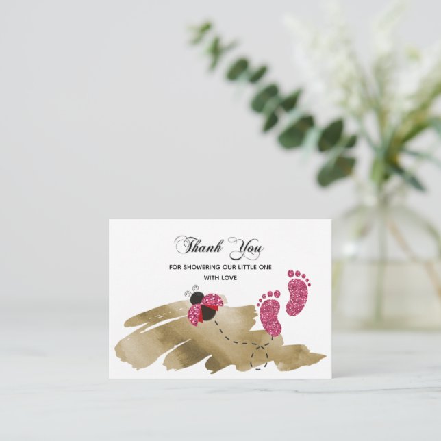 Tarjeta Pequeña Purpurina Rosa Ladybug Gracias (Anverso de pie)