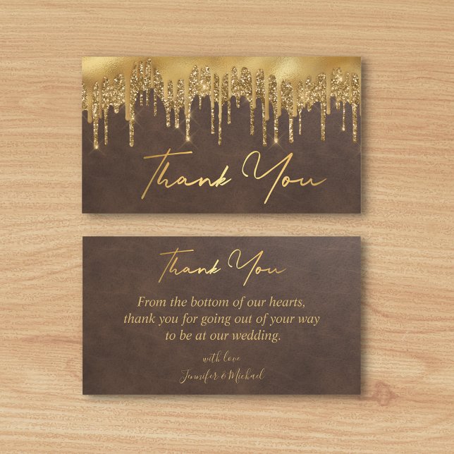 Tarjeta Pequeña purpurinas de goteo de oro marrón gracias boda (Subido por el creador)