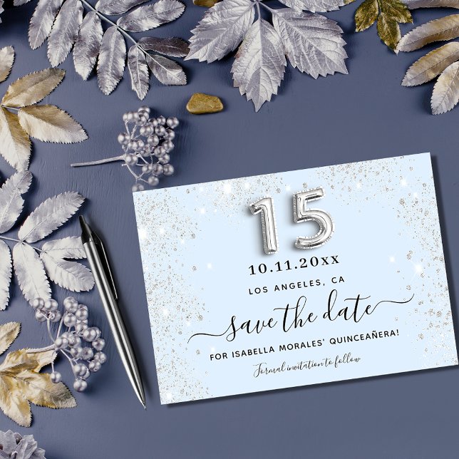 Tarjeta Pequeña Quinceañera azul bebé plata guardar la fecha (Subido por el creador)