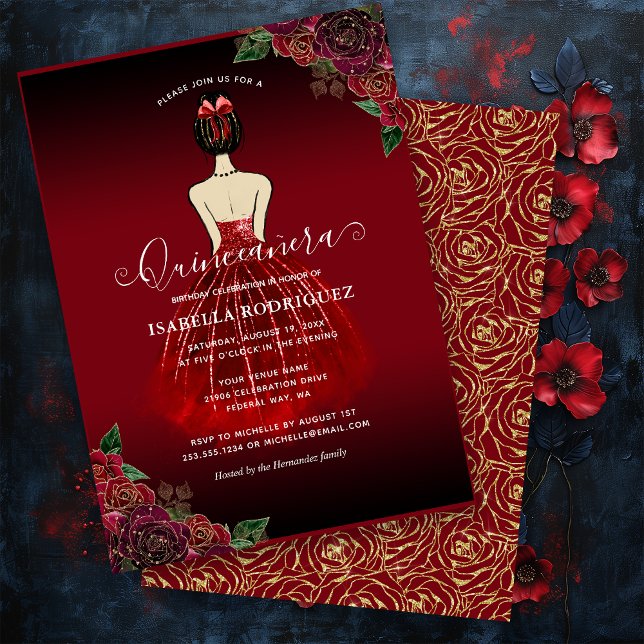 Tarjeta Pequeña Quinceañera de oro rojo floral de presupuesto (Budget Floral Red Gold Birthday Quinceañera Note Card)