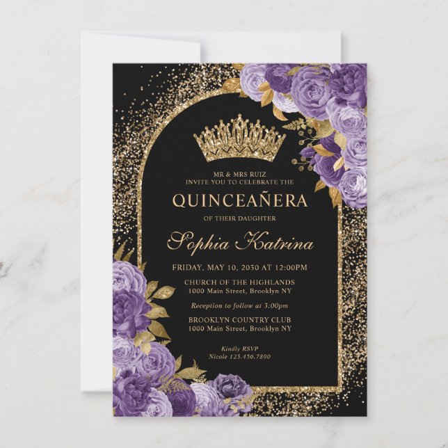 Tarjeta Pequeña Quinceanera floral de oro violeta púrpura y presup (Anverso)