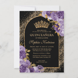 Tarjeta Pequeña Quinceanera floral de oro violeta púrpura y presup