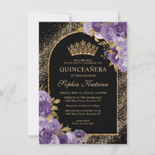 Tarjeta Pequeña Quinceanera floral de oro violeta púrpura y presup