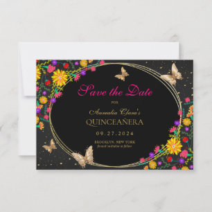 Tarjeta Pequeña Quinceanera floral mexicana de oro negro