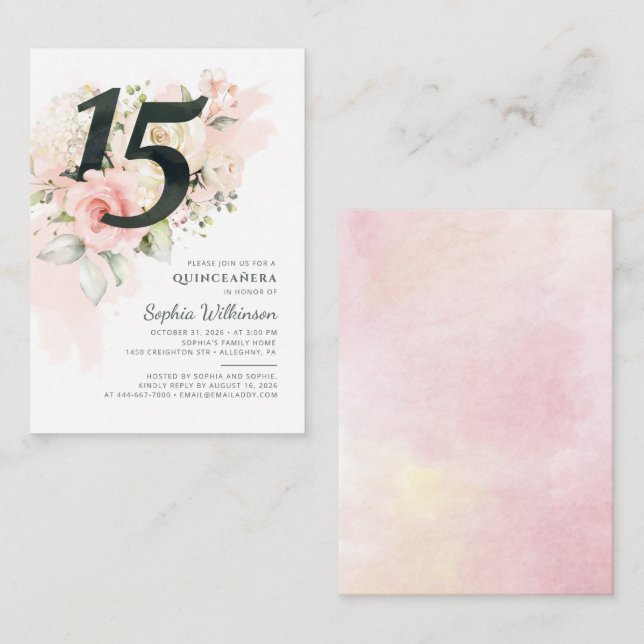 Tarjeta Pequeña Quinceañera Floral Rustica Moderna (Anverso / Reverso)