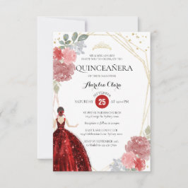 Tarjeta Pequeña Quinceañera geométrica floral roja de rubí para pr