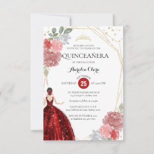 Tarjeta Pequeña Quinceañera geométrica floral roja de rubí para pr