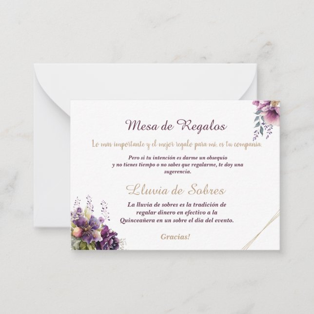 Tarjeta Pequeña Quinceañera Lluvia de Sobres Floral Lilac Lavender (Anverso)