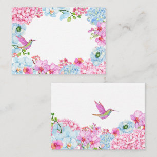 Tarjeta Pequeña Rama floral azul rosa pastel con ave