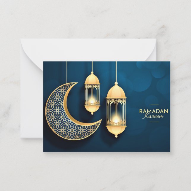 Tarjeta Pequeña Ramadan Kareem Creciente de Oro y linterna (Anverso)