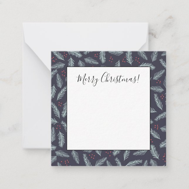Tarjeta Pequeña Ramas de Pino Blanco Plumas Bayas de Acebo Navidad (Anverso)