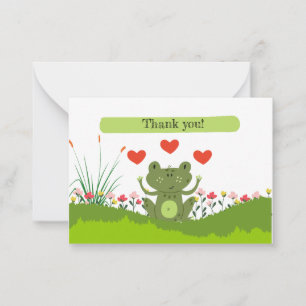 Tarjeta Pequeña Rana dulce GRACIAS con corazones y flores