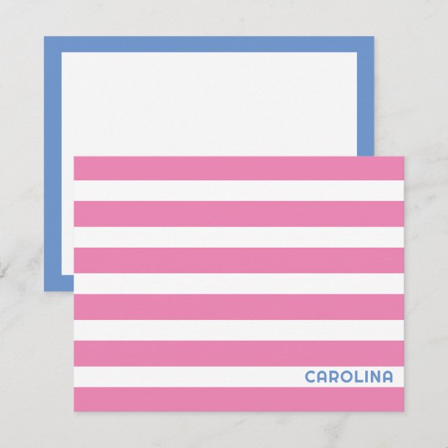Tarjeta Pequeña Rayas Preppy Rosa y Cornflower Blue Cute Girly (Anverso / Reverso)