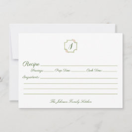 Tarjeta Pequeña Receta de la familia de monogramas verde y rosa pr