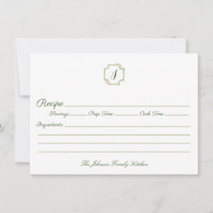 Tarjeta Pequeña Receta de la familia de monogramas verde y rosa pr