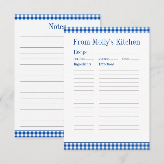 Tarjeta Pequeña Receta de refrigerios de Gingham azul y blanco (Anverso / Reverso)