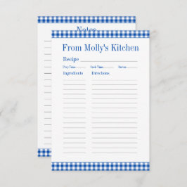 Tarjeta Pequeña Receta de refrigerios de Gingham azul y blanco