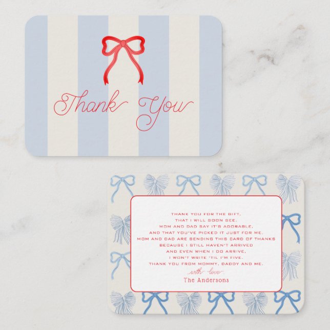 Tarjeta Pequeña Red Bow & Pale Blue Stripes Baby Shower Thank You (Anverso / Reverso)