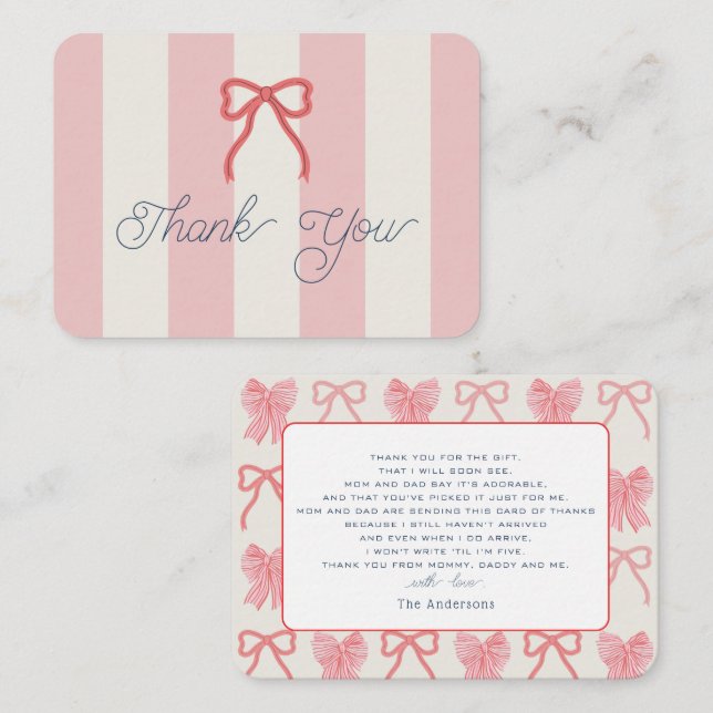 Tarjeta Pequeña Red Bow & Pink Stripes Baby Shower Thank You (Anverso / Reverso)