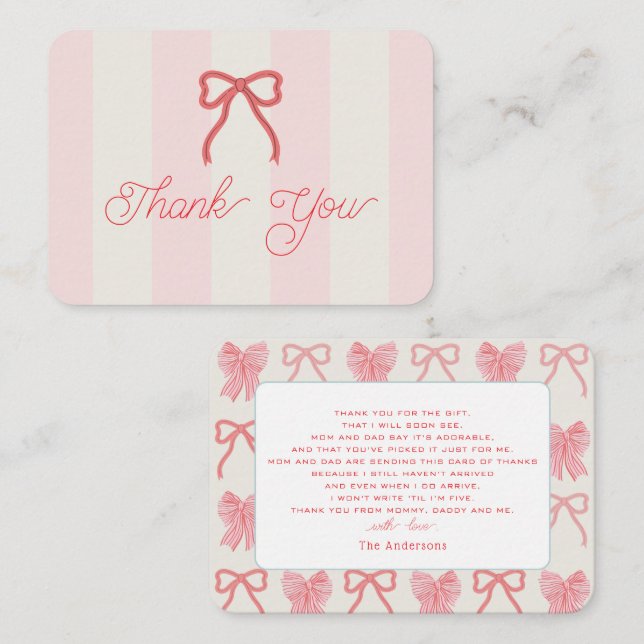 Tarjeta Pequeña Red Bow & Pink Stripes Baby Shower Thank You (Anverso / Reverso)