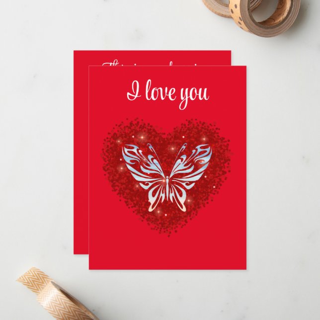 Tarjeta Pequeña Red heart glitter butterfly (Anverso/Reverso In Situ)