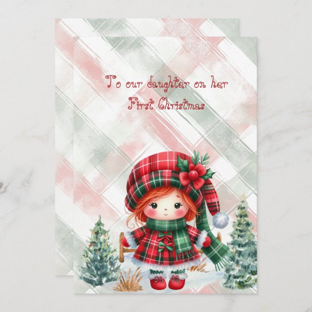 Tarjeta Pequeña Red Tartan Daughter First Christmas  (Anverso / Reverso)
