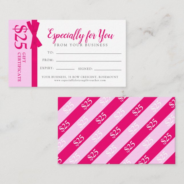 Tarjeta Pequeña Regalo comercial de lazo rosado $25 de regalo (Anverso / Reverso)