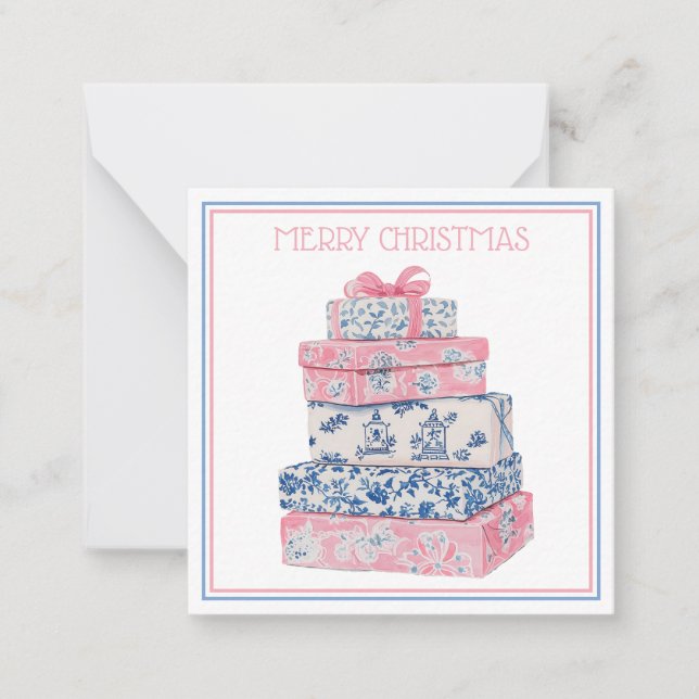 Tarjeta Pequeña Regalos navideños de Chinoiserie rosa y azul (Anverso)