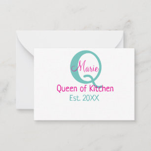 Tarjeta Pequeña Reina de la cocina monograma minimo verde rosa sim