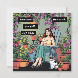 Tarjeta Pequeña Relajarse con café, gatos y plantas