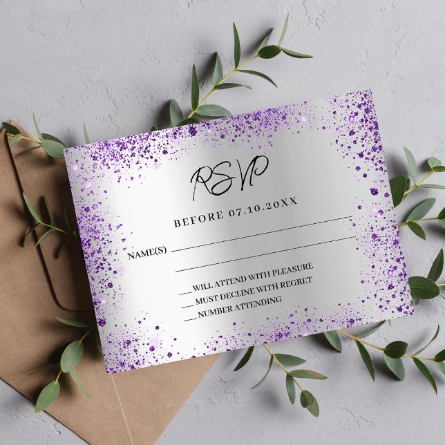 Tarjeta Pequeña Respuesta de boda violeta de plata RSVP (Subido por el creador)