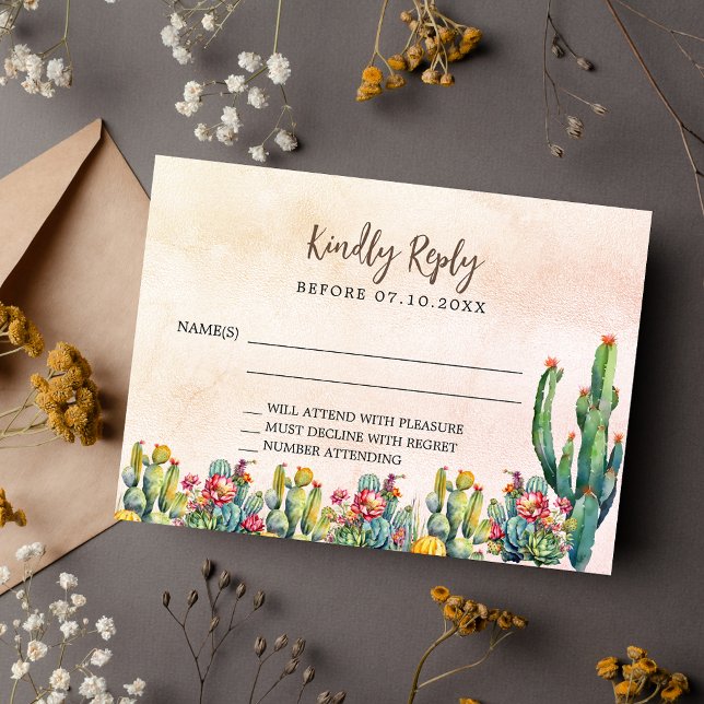 Tarjeta Pequeña Respuesta de Cactus rosa de oro rústico boda RSVP (Subido por el creador)