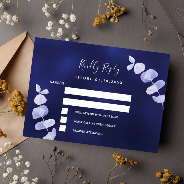 Tarjeta Pequeña Respuesta del boda de eucalipto azul marino RSVP (Subido por el creador)