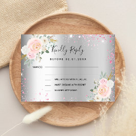 Tarjeta Pequeña Respuesta del boda de flores rosadas plateadas RSV