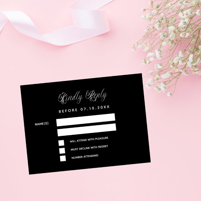 Tarjeta Pequeña Respuesta del boda de guiones en blanco negro RSVP (Subido por el creador)