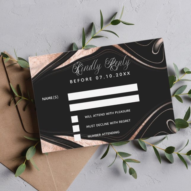Tarjeta Pequeña Respuesta del boda de mármol rosa negro de oro RSV (Subido por el creador)